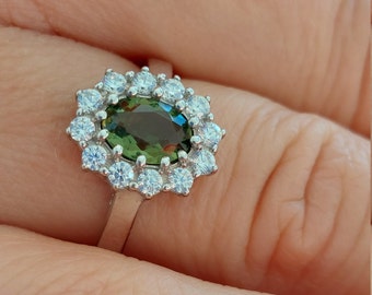 Oval Moldavite Ring: Zircon Orchid, Sterling Silver, Czech Vltavin