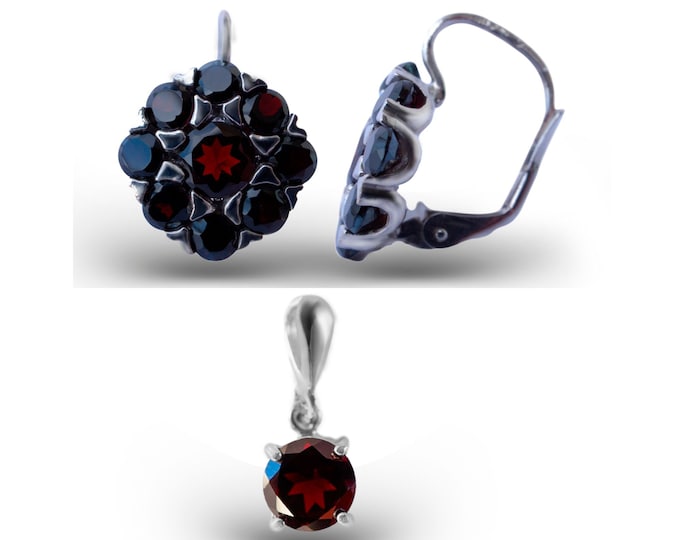 Set of silver jewelry Czech garnets January birthstone earrings Pendant in the shape of flower red pyrope Circle certificate authenticity