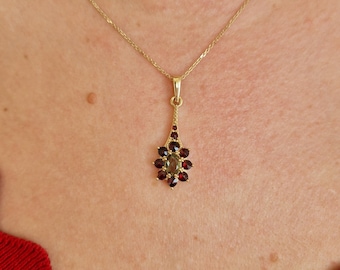 Pendant with natural round Czech moldavite and garnets 925 Sterling Silver 22 K, 585 White Gold 14 K, 585 Yellow Gold 14 K