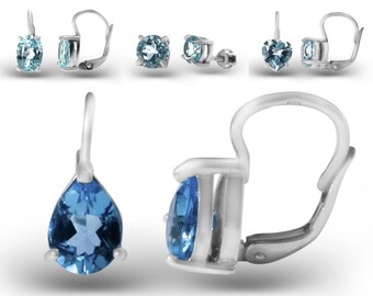 Silver drop shaped earrings with topaz Swiss blue and Sky Blue