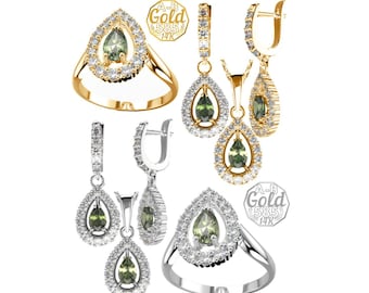Jewelry queen with drop pear lux certificated Czech moldavite zirconia earrings pendant ring size 6 7 8 Sterling Silver White yellow Gold