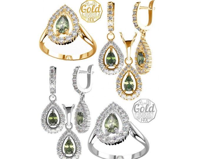 Jewelry queen with drop pear lux certificated Czech moldavite zirconia earrings pendant ring size 6 7 8 Sterling Silver White yellow Gold