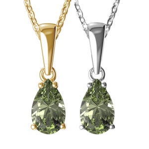 Pendant with natural certificated pear moldavite in 925 Sterling Silver 22 K, 585 White Gold 14 K, 585 Yellow Gold Gilded silver 925 14 K