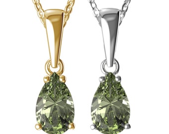 Pendant with natural certificated pear moldavite in 925 Sterling Silver 22 K, 585 White Gold 14 K, 585 Yellow Gold Gilded silver 925 14 K