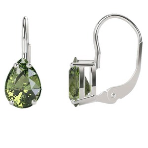 May include: A pair of silver earrings with green pear-shaped gemstones. The earrings have a lever back closure.