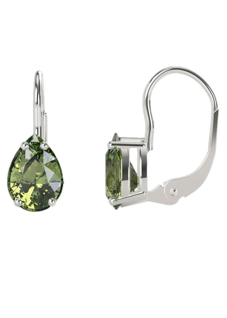 May include: A pair of silver earrings with green pear-shaped gemstones. The earrings have a lever back closure.