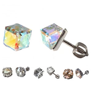 Silver stud earrings screw back with square clear Swarovski Crystal Chameleon ice cubes