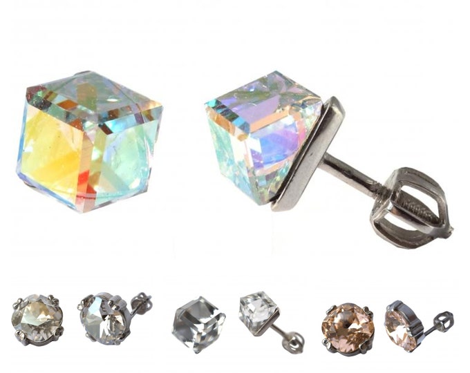 Silver stud earrings screw back with square clear Swarovski Crystal Chameleon ice cubes