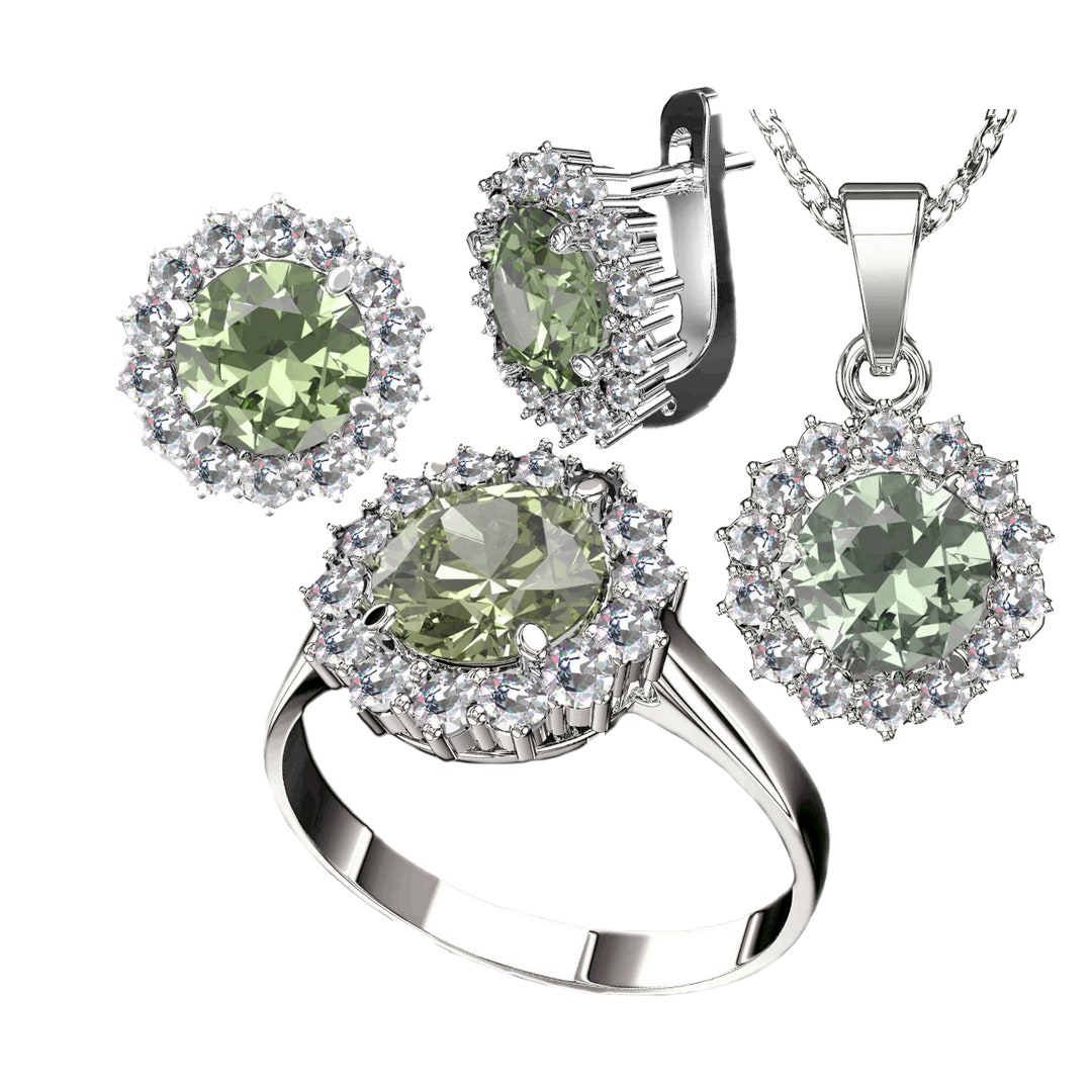 Parure de bijoux moldavite en argent sterling bague soleil vert