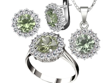 Sterling Silver Moldavite Jewelry Set: Green Sun Ring, Earrings, Pendant