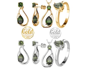 Jewelry with drop pear facet Czech moldavite vltavin earrings pendant ring any size 6 7 8 Sterling Silver 925 22K, White yellow Gold 14K 585