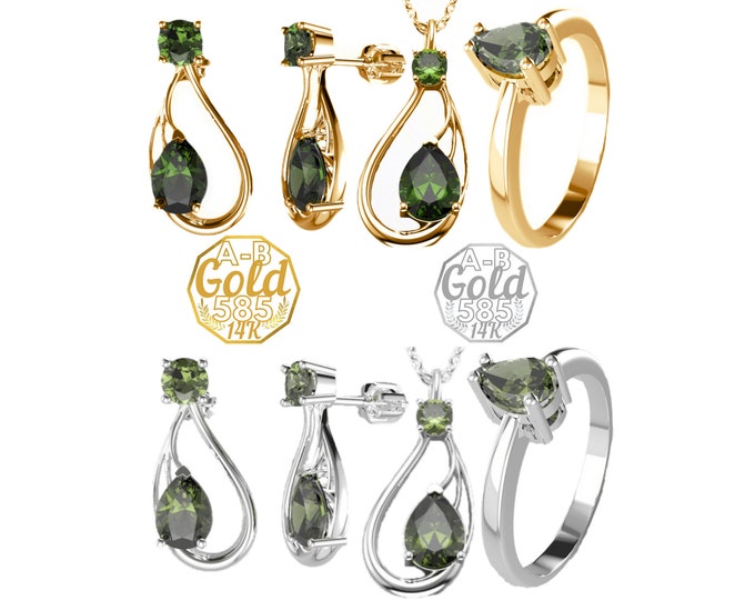 Jewelry with drop pear facet Czech moldavite vltavin earrings pendant ring any size 6 7 8 Sterling Silver 925 22K, White yellow Gold 14K 585
