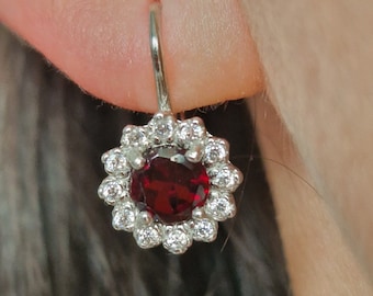 Sterling Silver Garnet Earrings: Czech Pyrope & Zircon Halo