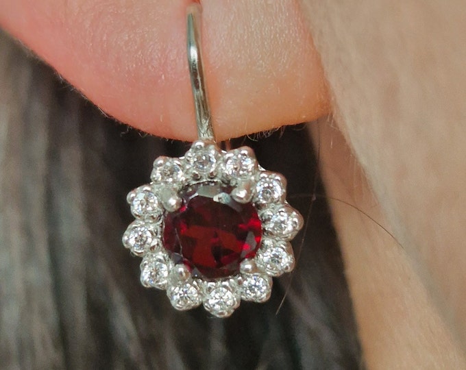 Silver garnet earrings with natural Czech garnet January birthstone and transparent zircons Luxurious pyrope certificate of authenticity