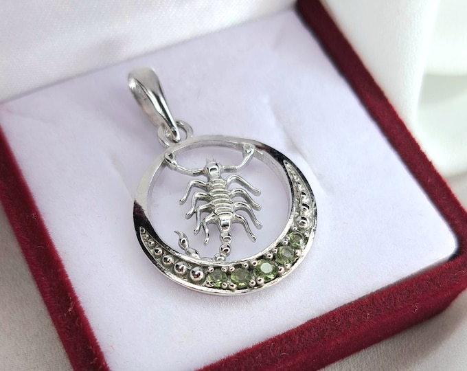 Scorpio Zodiac moldavite silver pendant, Real Czech meteorite moldavite, cosmic powerful stone, Horoscope Astrology Sign Medallion Pendant