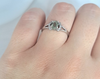 Moldavite engagement ring in silver with oval moldavite, vltavin and zircon, certificated Czech moldavite vltavin, all sizes in stock