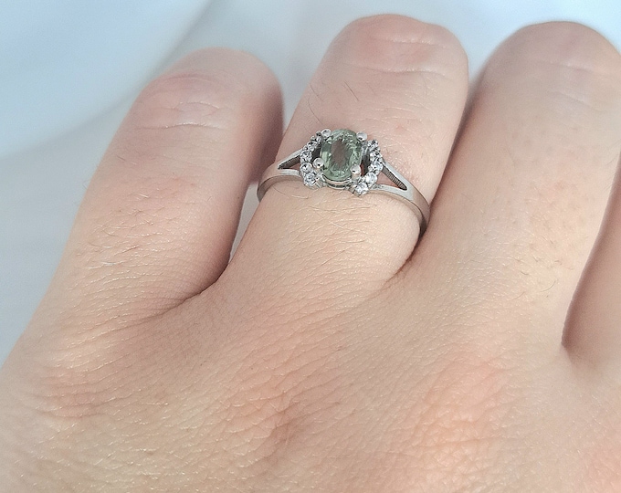 Moldavite engagement ring in silver with oval moldavite, vltavin and zircon, certificated Czech moldavite vltavin, all sizes in stock