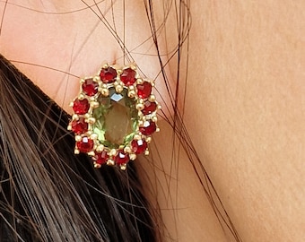 Camellia earrings with Czech moldavite and garnets white and yellow gold 925 Sterling Silver 22 K, 585 White Gold 14 K, 585 Yellow Gold 14 K