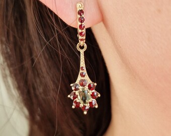 Dangle earrings with natural Czech moldavite and garnets English Lock 925 Sterling Silver 22 K, 585 White Gold 14 K, 585 Yellow Gold 14 K