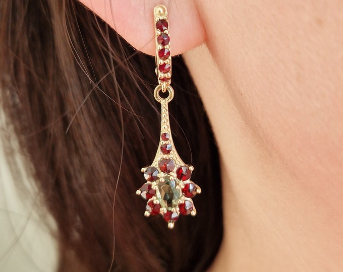 Dangle earrings with natural Czech moldavite and garnets English Lock 925 Sterling Silver 22 K, 585 White Gold 14 K, 585 Yellow Gold 14 K