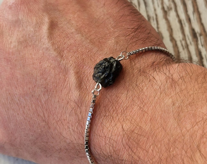 Mens moldavite silver bracelet uncut certificated meteorite raw authentic Czech moldavite - vltavin sterling silver 925/1000, 22 K, Ag+Rh