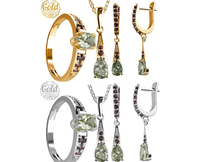 Set orion with faceted Czech moldavite and garnets earrings pendant ring any size 6 7 8 Sterling Silver 22K, White yellow Gold 14K, 585