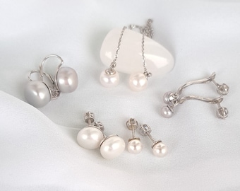 White pearl silver earrings, Stud pearl tiny screws, dangle threader chain earrings with freshwater natural large pearls in sterling silver