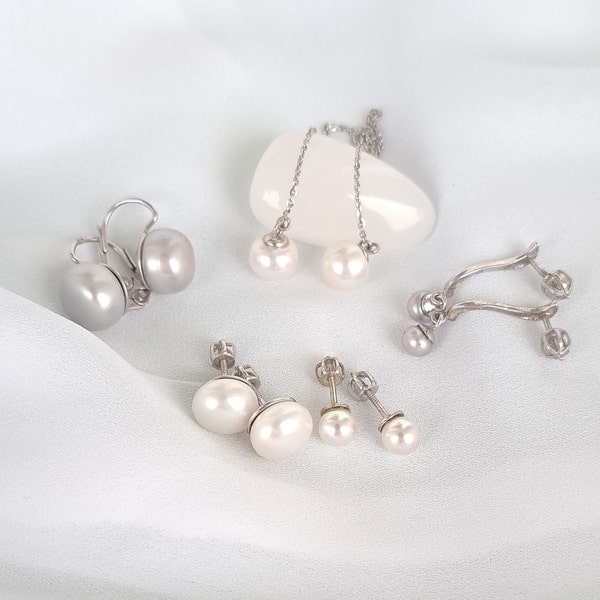 White pearl silver earrings, Stud pearl tiny screws, dangle threader chain earrings with freshwater natural large pearls in sterling silver