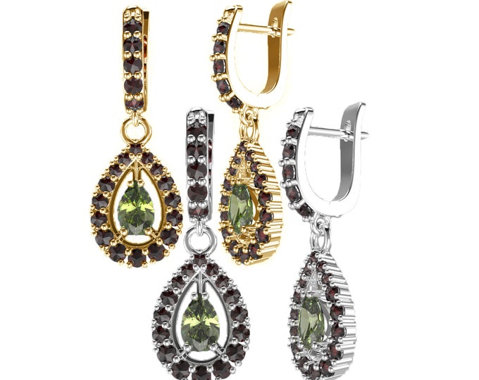 Earrings with faceted drop Czech moldavite and garnets English Lock 925 Sterling Silver 22 K, 585 White Gold 14 K, 585 Yellow Gold 14 K