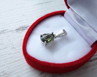 Certified Pear Moldavite Pendant: Czech Meteorite, Sterling Silver