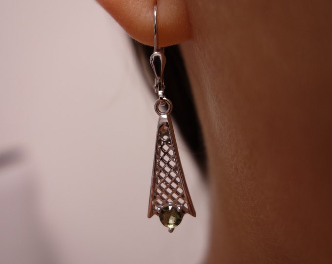 Silver chandelier dangle earrings with natural round faceted rare Czech moldavite - vltavin comet with English Lock certificate authenticity