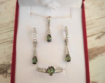 Sterling Silver Moldavite Jewelry Set: Ring, Earrings & Pendant