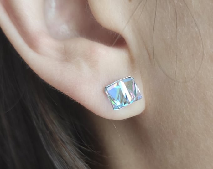 AB Swarovski Crystal Chameleon Cube Silver Earrings Screw back studs Changeable color rainbow stone