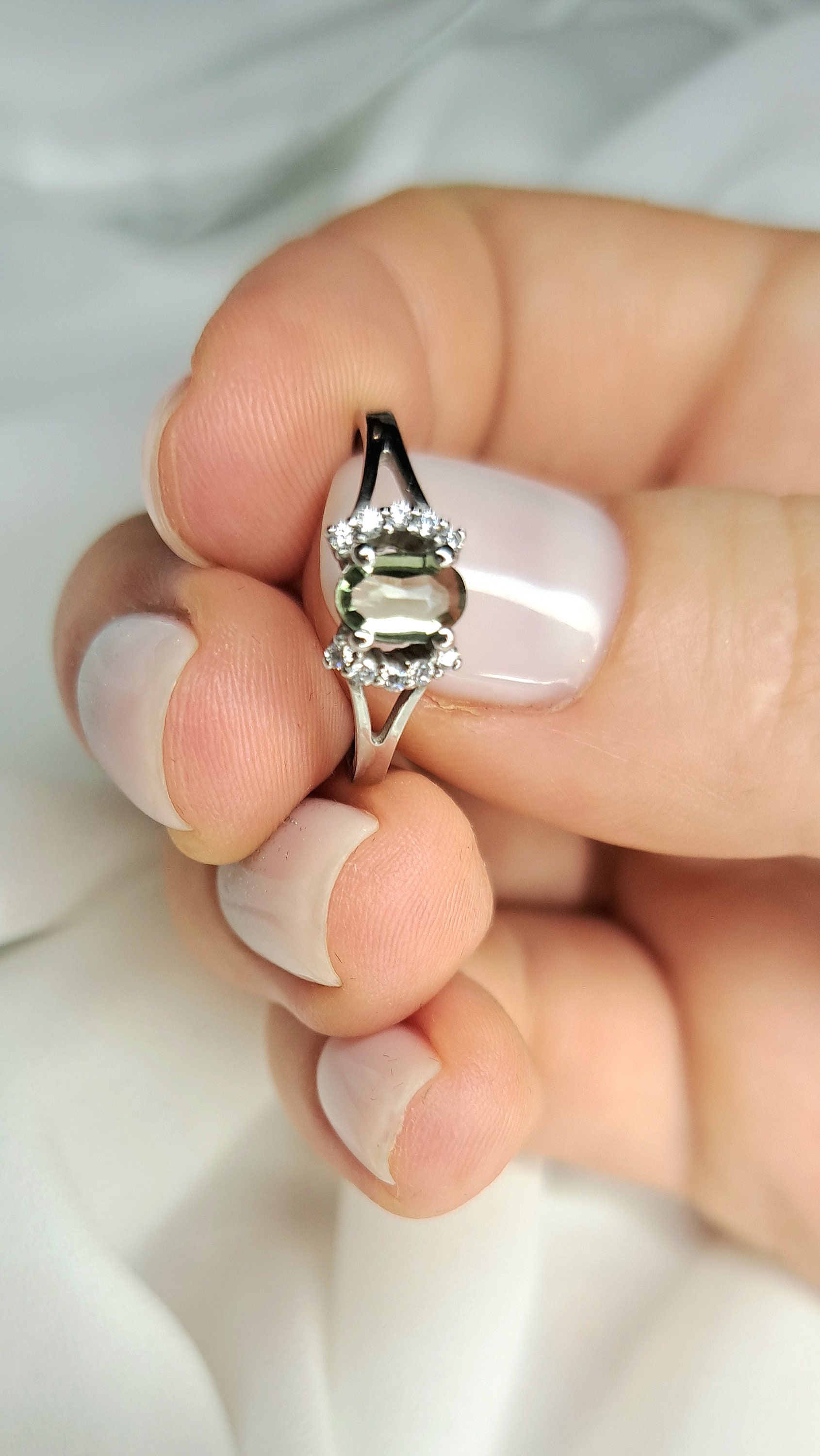 Moldavite engagement ring in silver with oval moldavite vltavin and zircon certificated Czech moldavite vltavin all sizes in stock