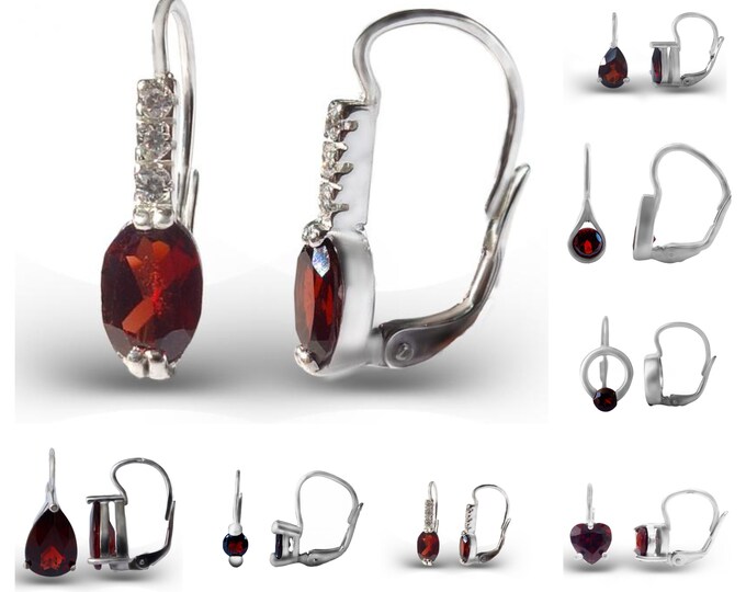 Silver earrings January birthstone oval - shaped, heart, oval, eye, circle earrings with natural Czech pyrope and zircons certificated