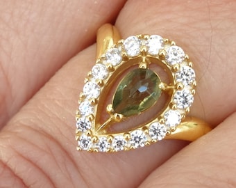 Gold plated gilded sterling Silver 925 ring Queen with faceted moldavite vltavin 22K certificate authenticity any size 6 7 8 9 in stock