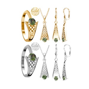 Jewelry set comet with faceted certificated Czech moldavite, earrings pendant ring any size 6 7 8 Sterling Silver 22K, White yellow Gold 14K