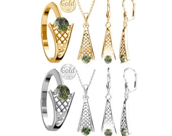 Jewelry set comet with faceted certificated Czech moldavite, earrings pendant ring any size 6 7 8 Sterling Silver 22K, White yellow Gold 14K