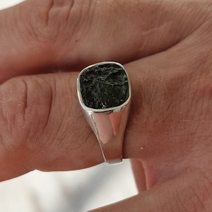 Moldaviet herenring sterlingzilver, natuurlijke ruwe Tsjechische vltavin, mannelijke zegelring krachtig meteoriet certificaat echtheid