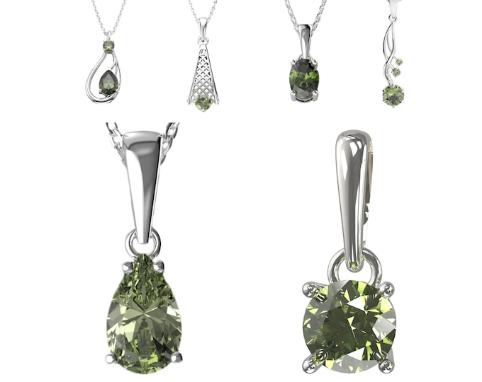Silver Faceted Moldavite pendant Vltavin Oval Heart Drop Square Round Necklace Tektite Meteorite Czech green gem certificate authenticity