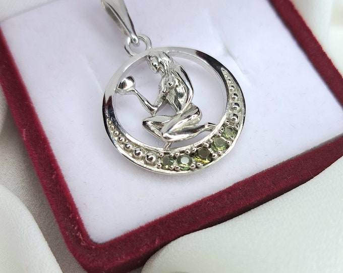 Virgo Zodiac moldavite silver pendant, Real Czech meteorite moldavite, cosmic powerful stone, Horoscope Astrology Sign Medallion Pendant