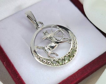 Archer Zodiac moldavite silver pendant, Real Czech meteorite moldavite, cosmic powerful stone, Horoscope Astrology Sign Medallion Pendant