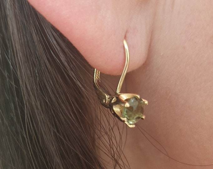 Gold moldavite earrings with real faceted round Czech meteorite moldavite - vltavin with French Lock certificate authenticity