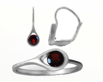 Silver garnet jewelry set January birthstone in the shape of an eye with Czech garnets natural gemstone pyrope minimalist style certificated