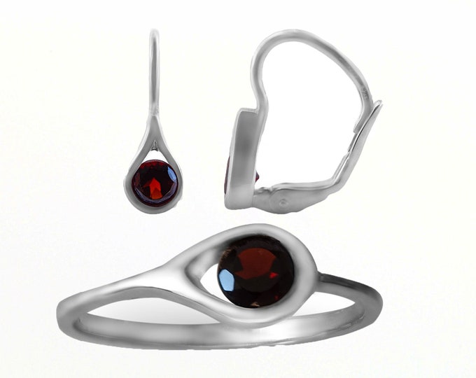 Silver garnet jewelry set January birthstone in the shape of an eye with Czech garnets natural gemstone pyrope minimalist style certificated