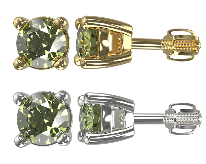 Silver stud earrings screws with Czech moldavite 925 Sterling Silver 22 K, 585 White Gold 14 K, 585 Yellow Gold 14 K Gold plated silver 22K