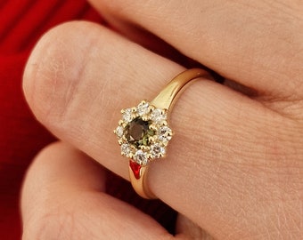 Gold moldavite ring with faceted real Czech mineral meteorite moldavite vltavin engagement ring certificate any size 6 7 8 9 custom in stock