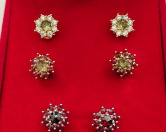 14K Gold Moldavite Stud Earrings, 585 White or Yellow Gold, Real Czech Vltavin with Natural Diamonds or Bohemian Garnet Halo