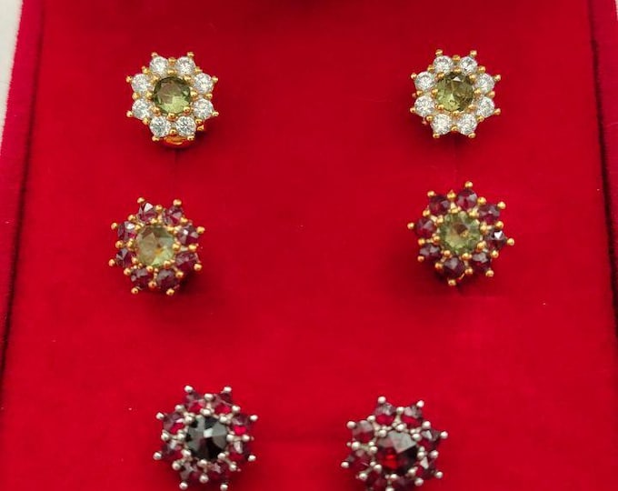 14K Gold Moldavite Stud Earrings, 585 White or Yellow Gold, Real Czech Vltavin with Natural Diamonds or Bohemian Garnet Halo