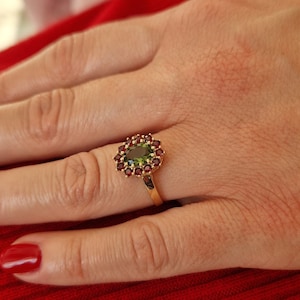 Ring with oval Czech garnet and faceted small moldavite engagement ring Sterling Silver 22 K, 585 White Gold 14 K, 585 Yellow Gold 14 K